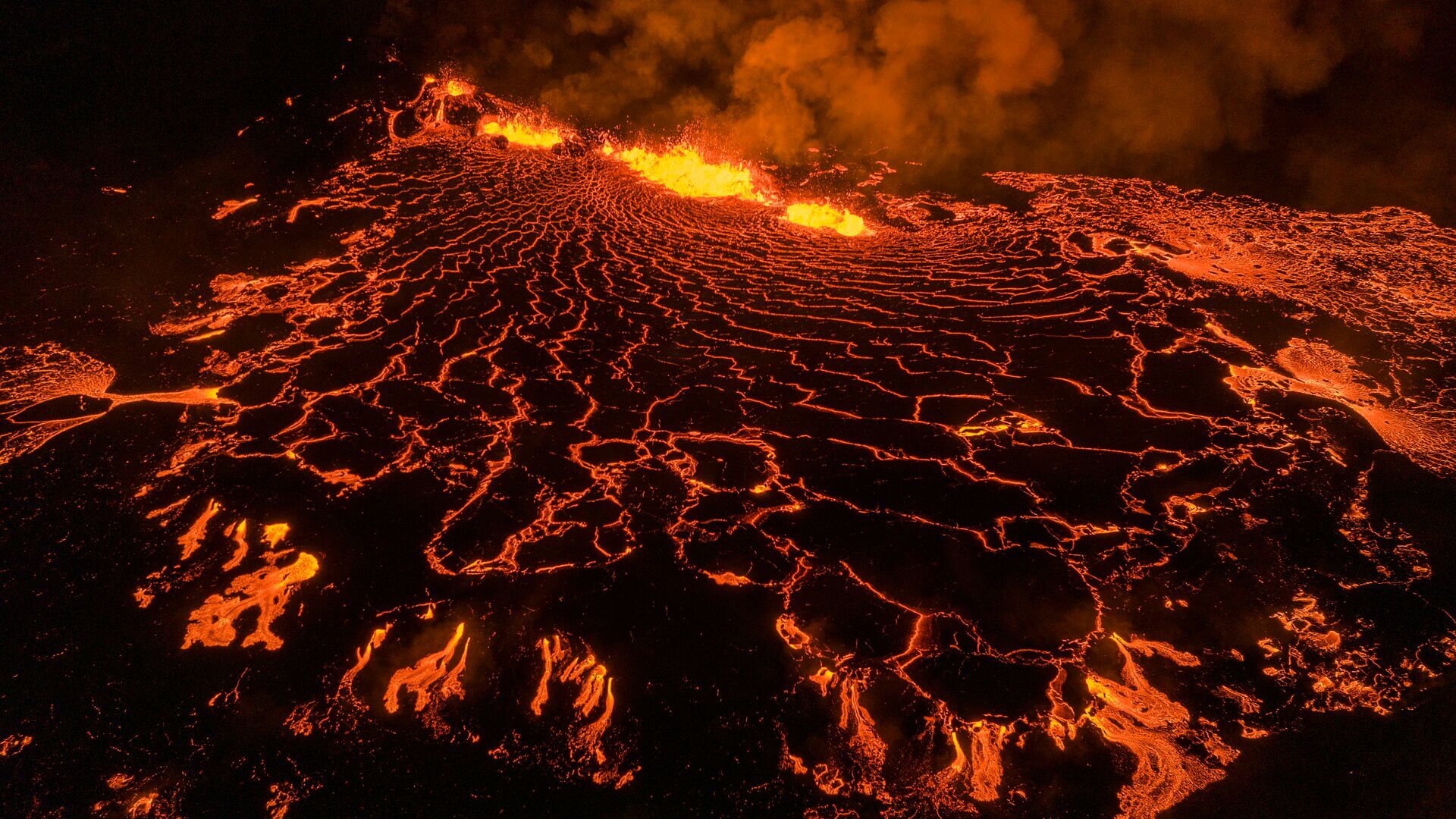 Icelandic eruption featuring flowing lava.