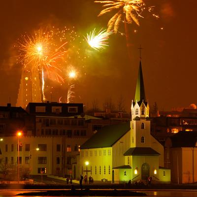 Downtown Reykjavik, fireworks at New Years Eve