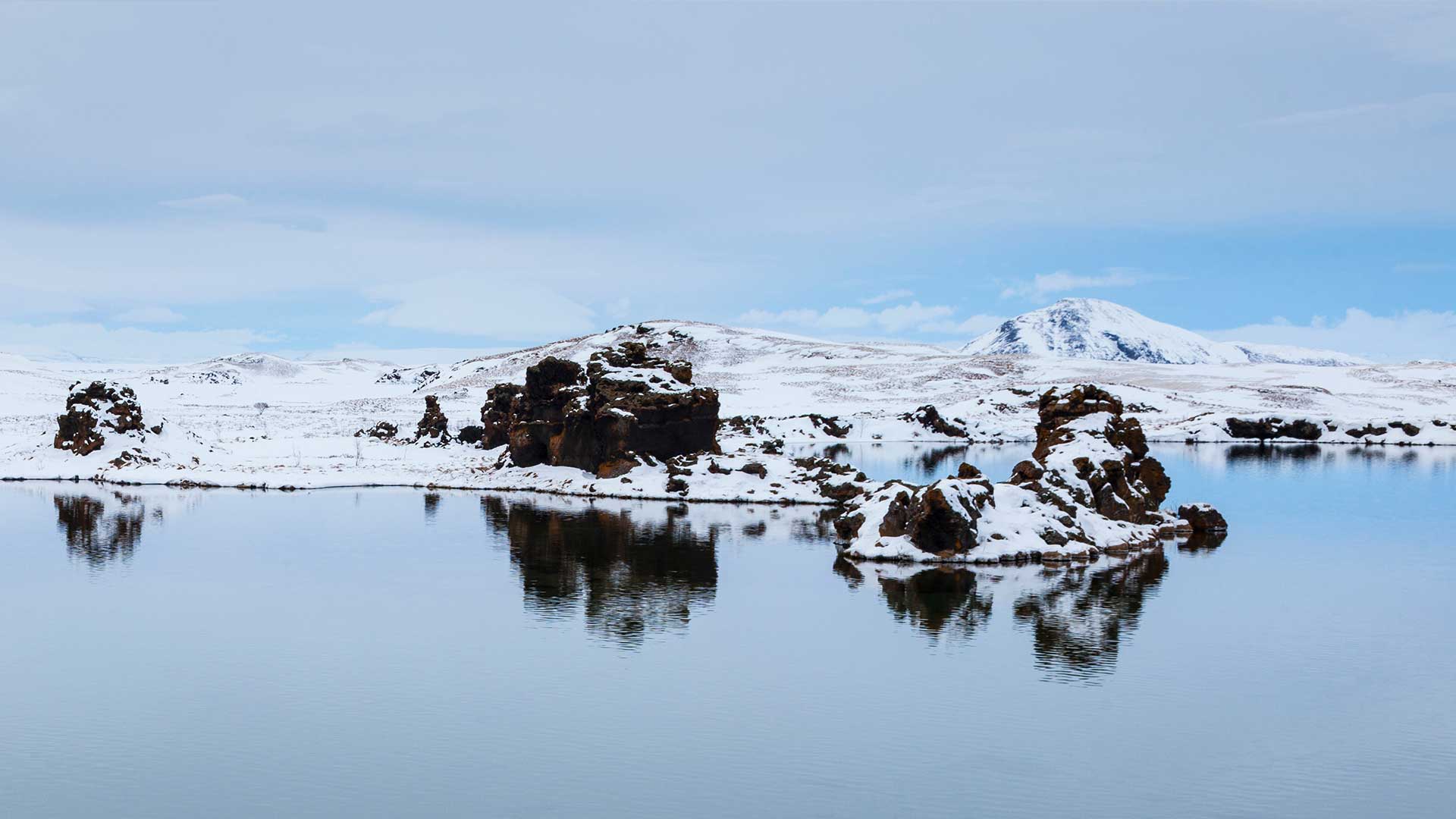 Snowy landscape of Lake Mývatn