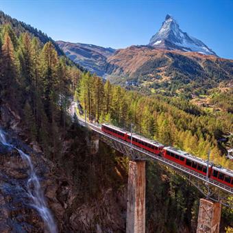 Gornergrat train crossing bridge near Zermatt, Switzerland